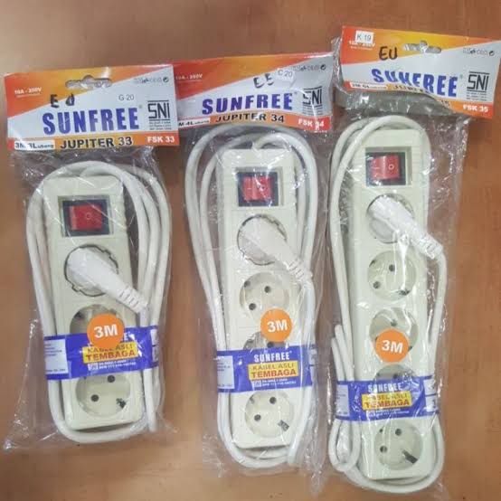 Sunfree Stop kontak 4 lubang + Kabel 3 Meter FSK 34 Jupiter