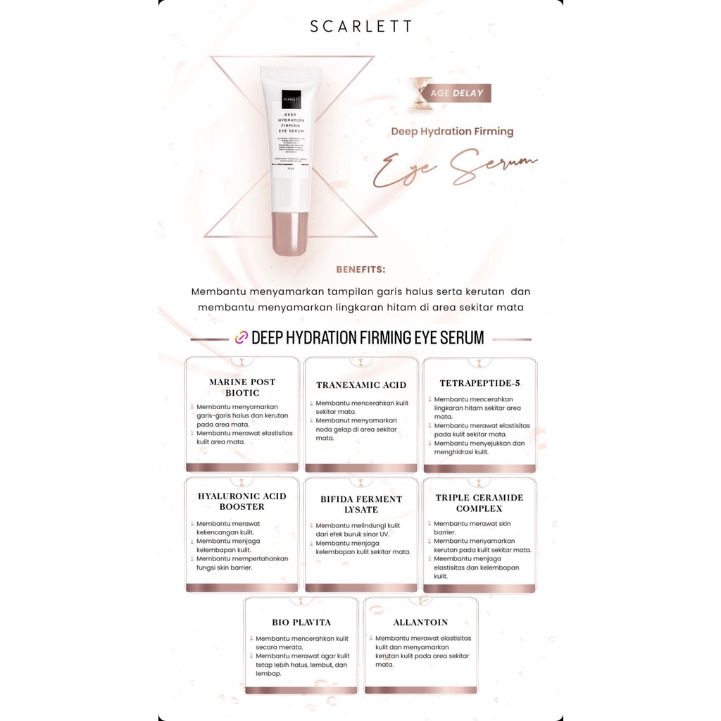 SCARLETT Whitening Deep Hydration Firming Eye Serum Indonesia / Age Delay Series Skincare Anti Aging / Gel Mata / Cleanser Facial Wash Essence Toner Day Night Cream Moisturizer Sunscreen Mask / Body Lotion Brightly Acne Package Paket Full Wajah Face Care