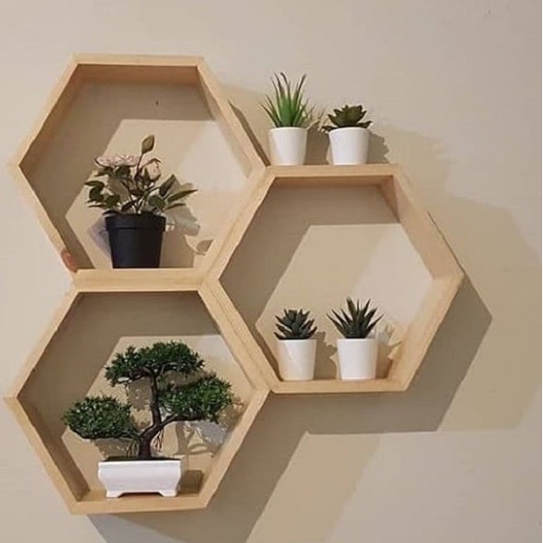 RAK KAYU HEXAGONAL SET 3PCS RAK SEGI ENAM RAK DINDING MINIMALIS