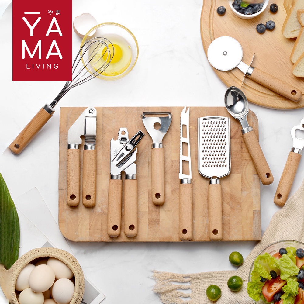 YAMA YUMA Kitchen Utensils Stainless Steel Peeler Buah Sayur Parutan Keju Sendok Es Pengocok Telur Kayu