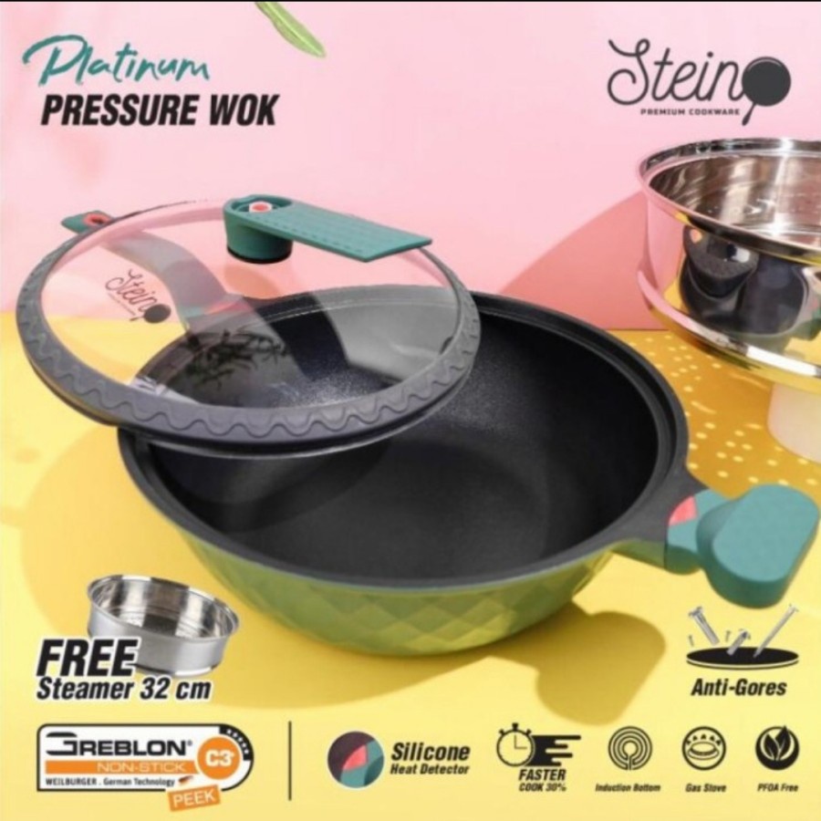 Stein Cookware Platinum Pressure Wok 32 cm Steincookware Panci Presto - Green