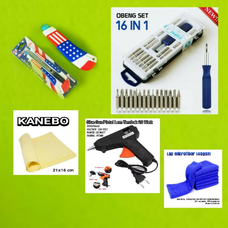 

peralatan perlengkapan umum Cutter American Style, lap fiber, kanebo, set obeng, glue gun
