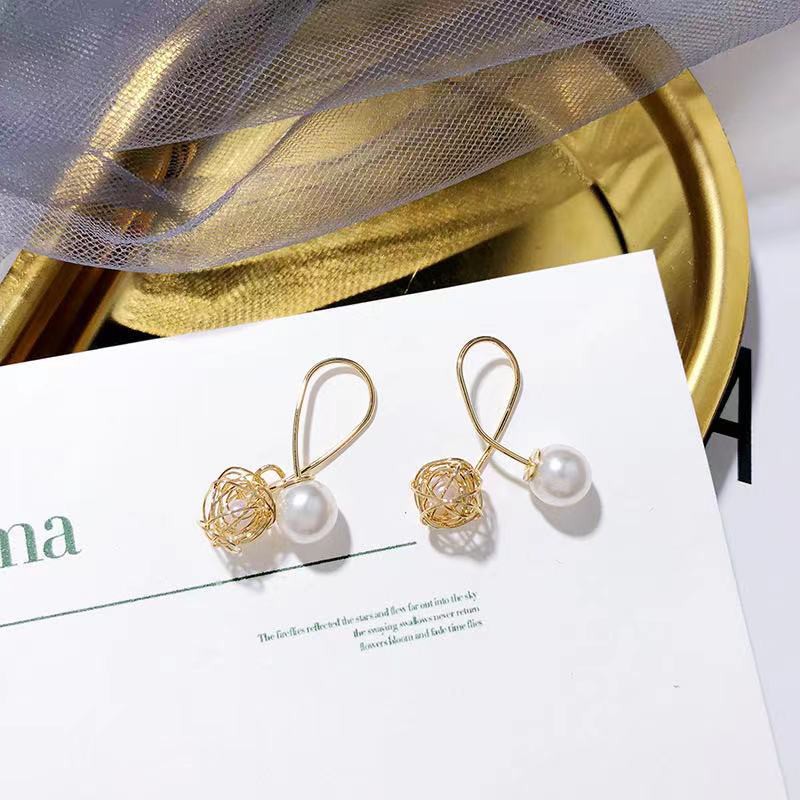 Anting Mutiara Ala Korea Hiasan Kristal/Woman Fashion Sweet U-Shaped Pearl Dangle Drop Anting Hooks