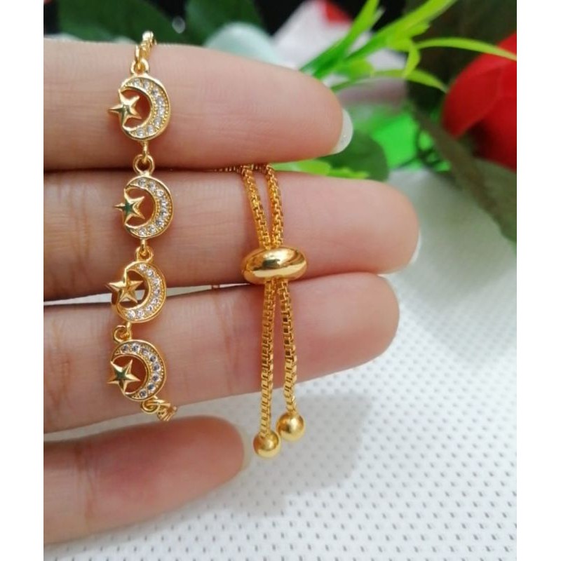 Gelang tangan wanita Titanium motif Bulan Bintang ful permata banyak pilihan warna Gold dan Silver