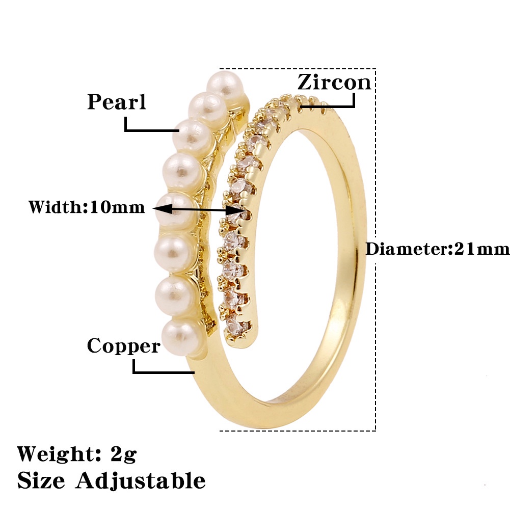 Eropa dan Amerika baru sederhana perhiasan tangan kreatif mutiara bertatahkan open-end zirkon cincin