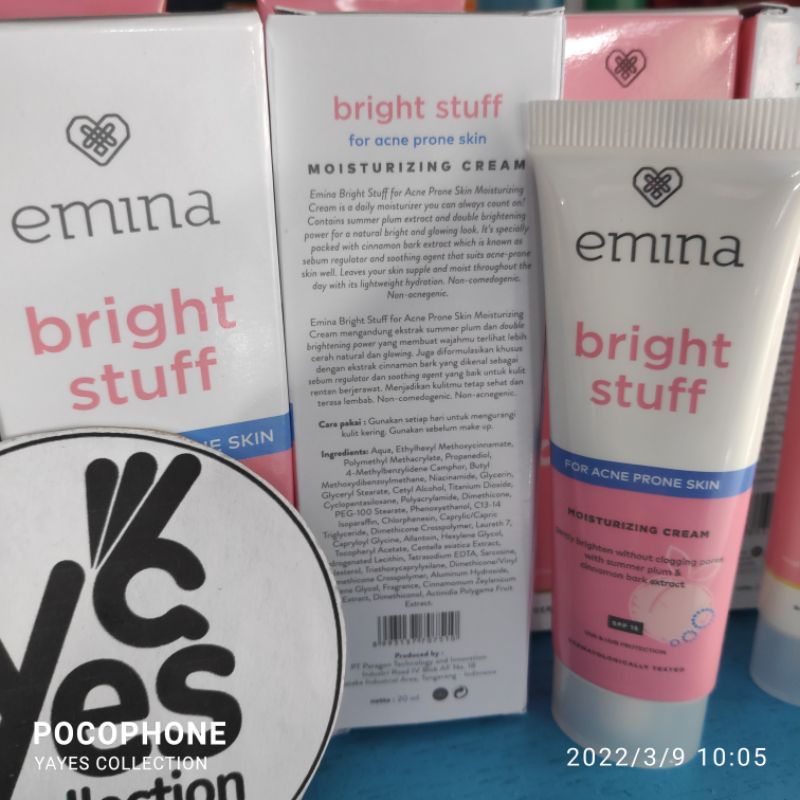 Emina Bright Stuff Moisturizing Cream 20 ml Acne Prone Skin Tone Up Krim Pelembab Muka Wajah Berjerawat Jerawat Normal Skin Glowing SPF 15 UVA UVB