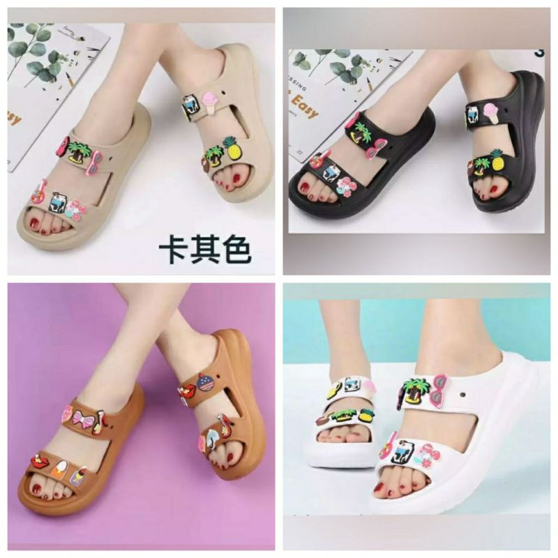 SANDAL FASHION BAE SLIDE TWO STRAP WEDGES FREE JIBBITZ