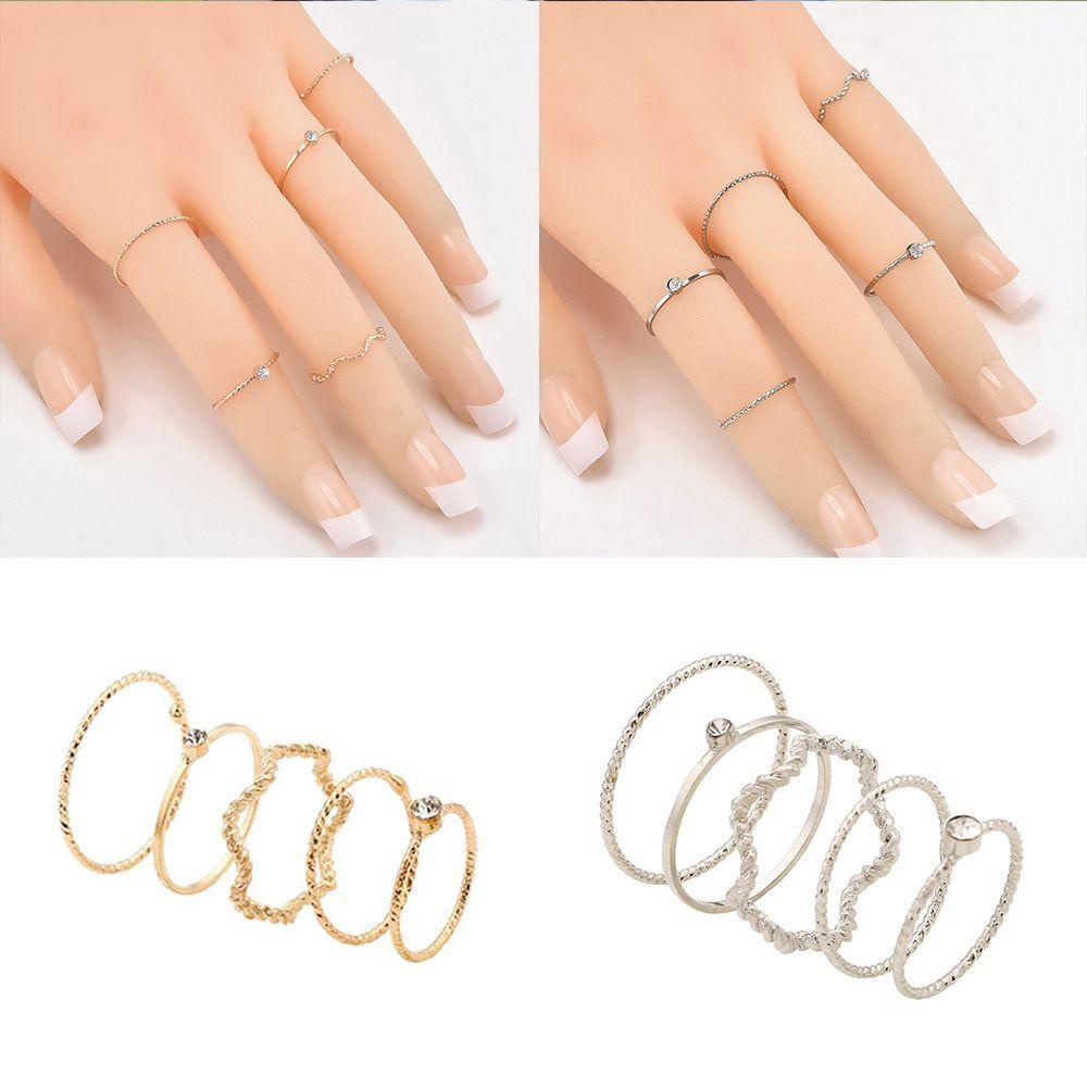 Needway 5 Pcs Lucu Chic Gaya Terang Kristal Berlian Imitasi Midi Knuckle Finger Joint Rings Wanita Cincin Set Fashion Gelombang Punk Berlapis Emas Cincin Tipis