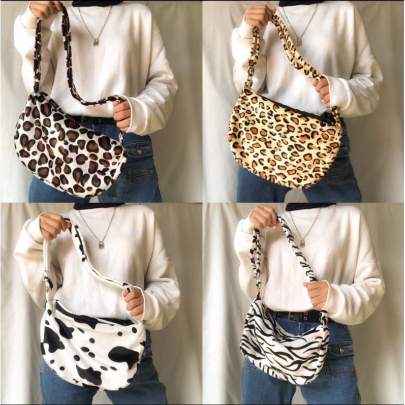 Tas Wanita Murah SAPI ZEBRA LEOPARD ANIMALS FLUFFY FUR BAG SHOULDER BAG HAND BAG SLING BAG KOREA VIN