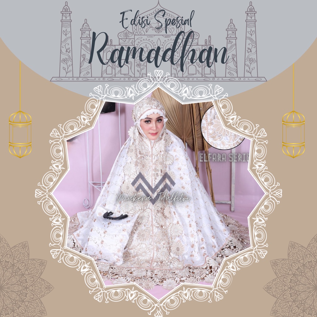 Mukena Dewasa Sutra Paris Prada Full Bordir KD Renda Twotone Bunga Mix Gold Putih Swarovski - ELFARA