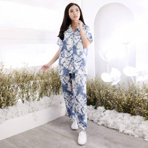 Setelan Piyama Wanita Baju Tidur Cewek Motif Tie Dye One Set Rayon Adem Jumbo XL-XXL Caris CP-LUCY NAVY