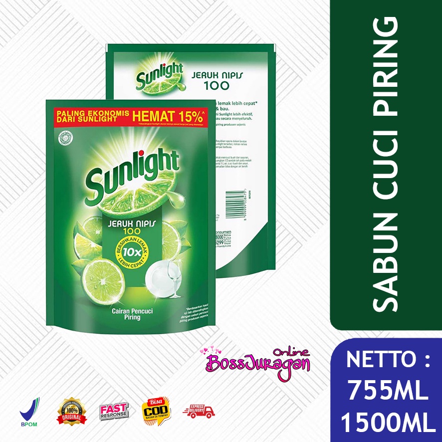 (BOSS) Sunlight Lime Sabun Cuci Piring Jeruk Nipis 755/1500 mL