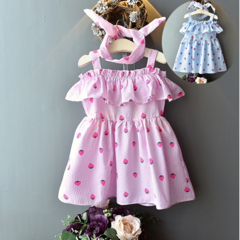 Dress Anak Perempuan Ruffle Motif Strawberry Tanpa Lengan + Bandana