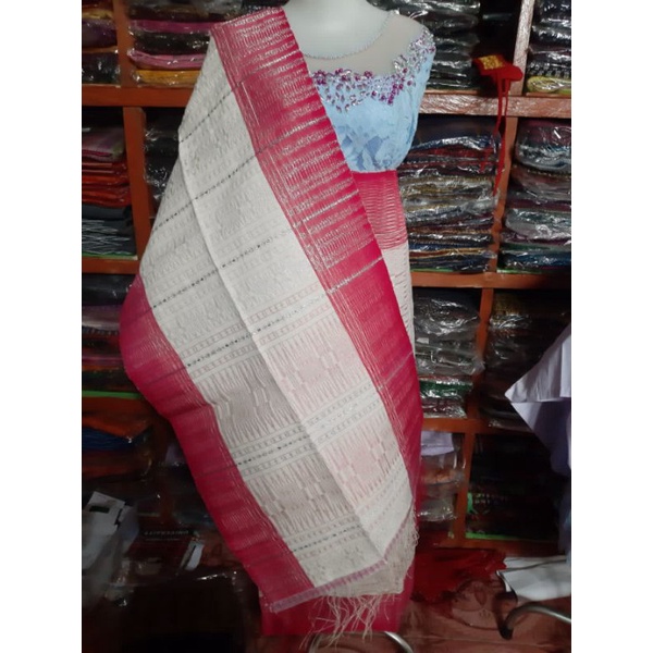 ASLI TENUN TANGAN TARUTUNG SONGKET TUMTUMAN PUTIH SILVER PINK SONGKET TUMTUMAN KOREA SONGKET PENGANT