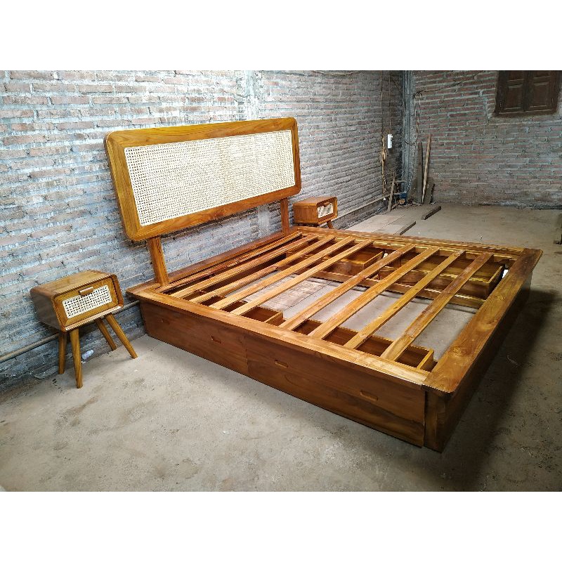 DIPAN TEMPAT TIDUR ROTAN LACI 4 MINIMALIS UKURAN 180x200 RANJANG ANAK DIVAN KAYU JATI NAKAS RETRO FINISHING NATURAL-2