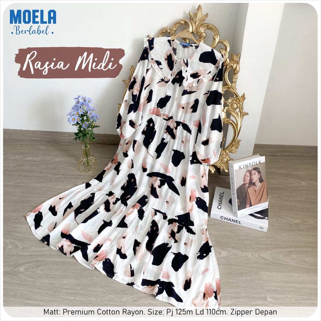 TERMURAH RASIA MIDI DRESS ORIGINAL BY MOELA BERLABEL/MIDI DRESS MODEL REMPEL BAHAN RAYON MOTIF ADEM