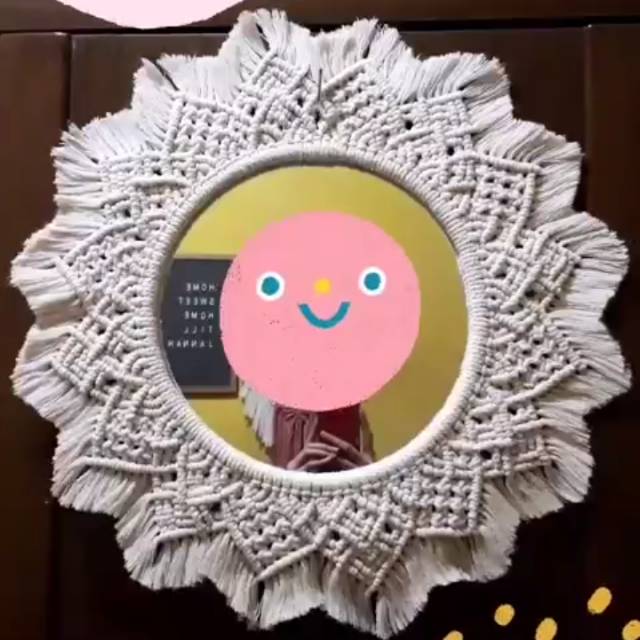 Cermin Macrame 50cm Rotan Kaca Ring Bulat