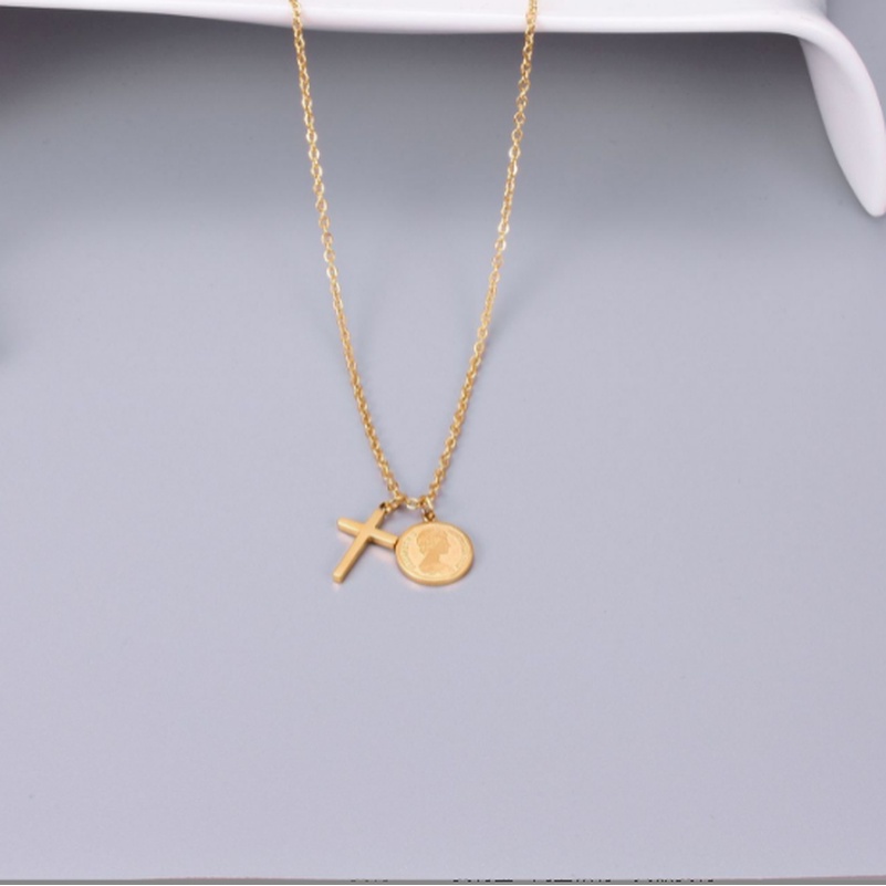 Kalung Plat Bulat Liontin Salib Sederhana Retro Trendi All-Match Kalung Rantai Klavikula Perempuan