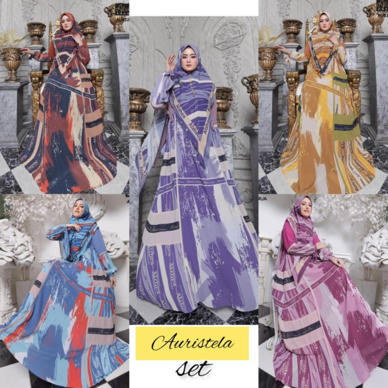 Gamis Auristela set syari by alzhea /Gamis motif wanita dewasa/Baju Gamis Wanita Muslim original /Ba