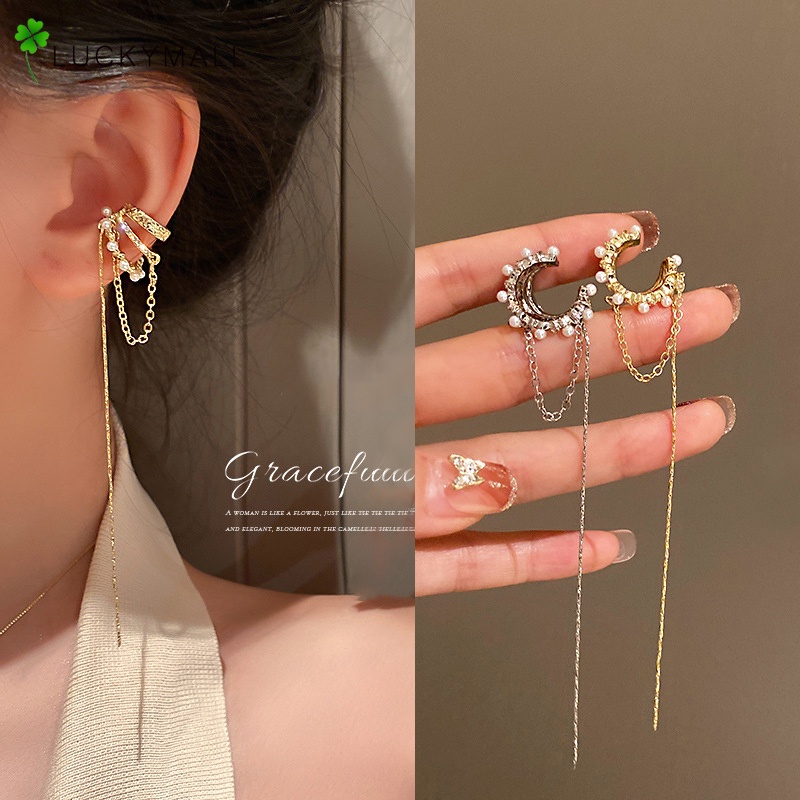 Anting Kait Gantung Temperament Bahan Metal Warna Gold / Silver Hias Mutiara + Rumbai Gaya Elegan Untuk Wanita