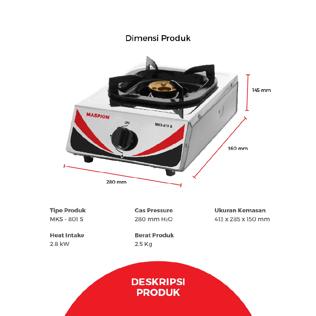 Maspion Kompor Gas 1 Tungku Stainless Steel MKS-810S