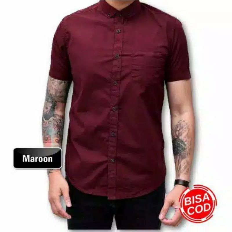 Kemeja Polos Lengan Pendek Pria Putih Merah Maron Hitam Navy Biru Dongker Kerah Shanghai Ciangi Slim