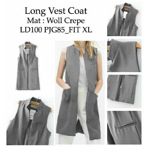 [long vest coat grey RO] vest wanita woll crepe abu abu