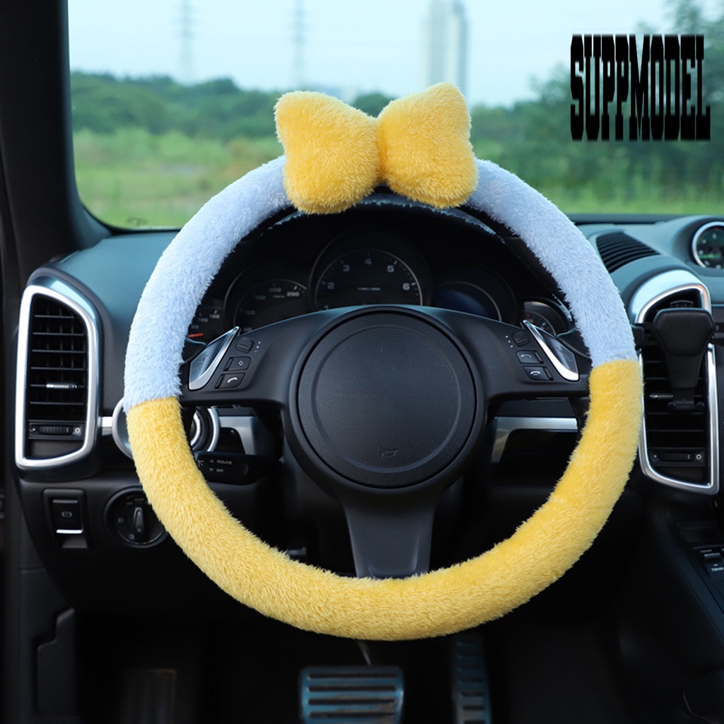 Cover Setir Mobil Universal Bahan Plush Super Lembut Hangat Aksen Pita