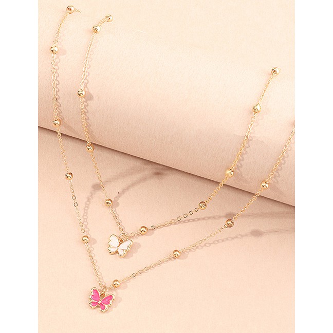 LRC Kalung Fashion Rose Powder Alloy Drip Oil Small Butterfly Multilayer P05001