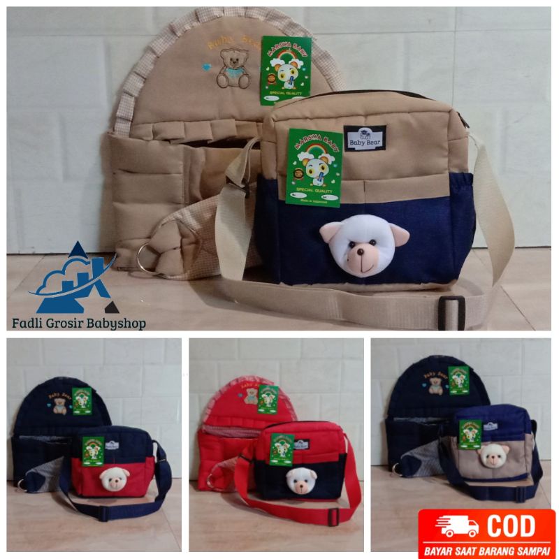 Tas Bayi Boneka Beruang Dan Gendongan Bayi Samping Topi Bordir  ( 2 in 1 )