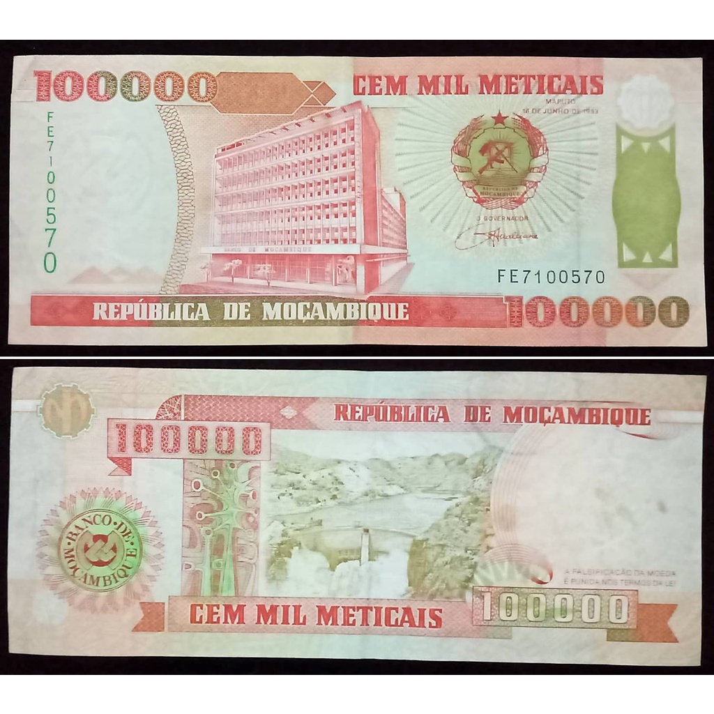 Uang Mocambique/ Mozambique/ Mozambik 100000 Metical Tahun 1993
