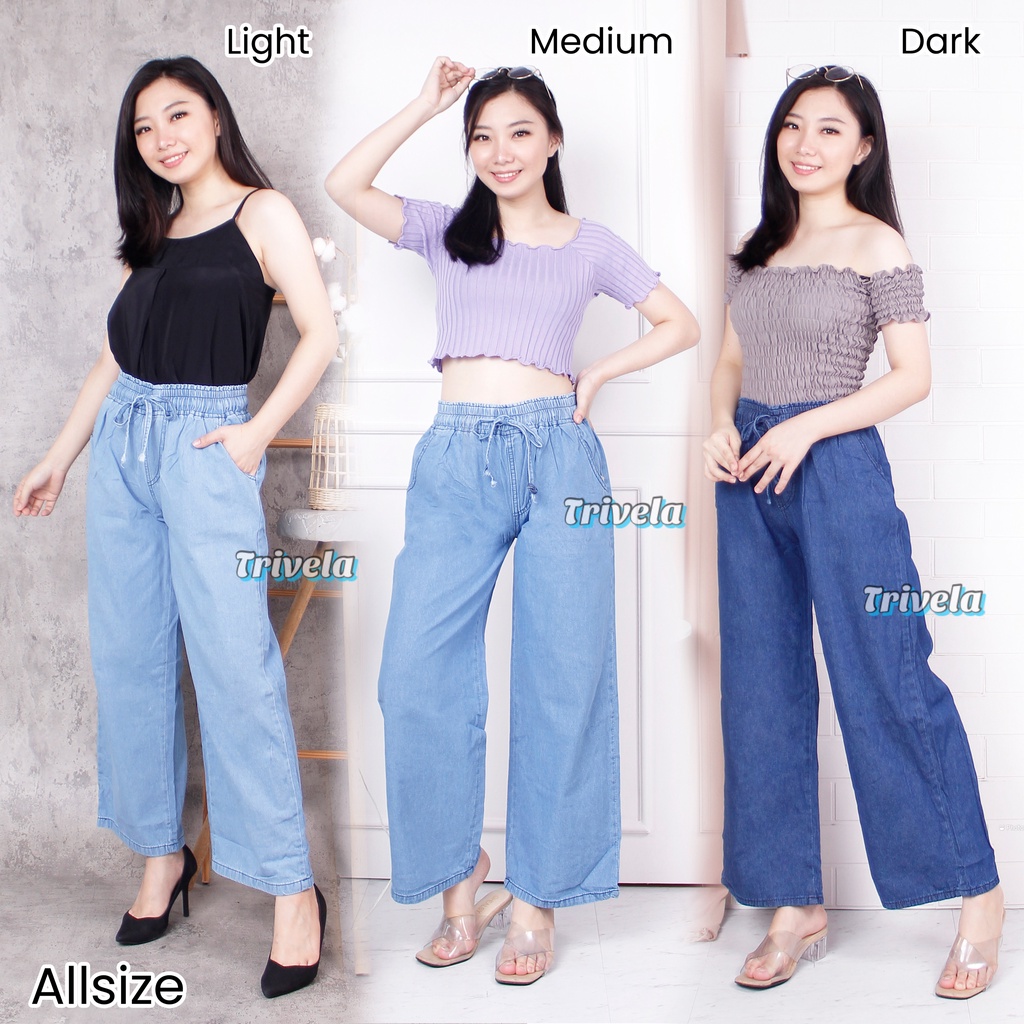 Jeans Kulot Masa Kini - Jeans Kulot All Size - Pinggang Karet - Tali Depan - Denim Jeans