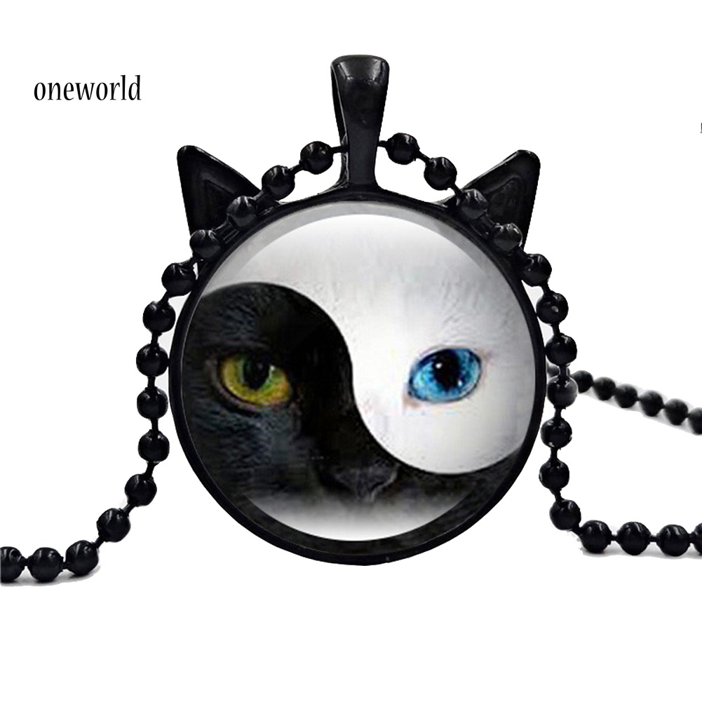 Kalung Rantai Dengan Liontin Kucing Yin Yang Bahan Kaca Untuk Wanita