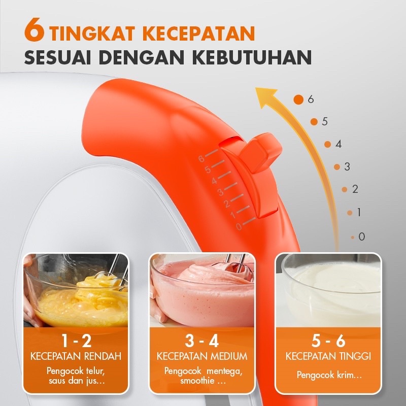 Gabor Hand Mixer 100 Watt Pengocok Telor Pengaduk Adonan 6 Mode Stainless Steel Serbaguna