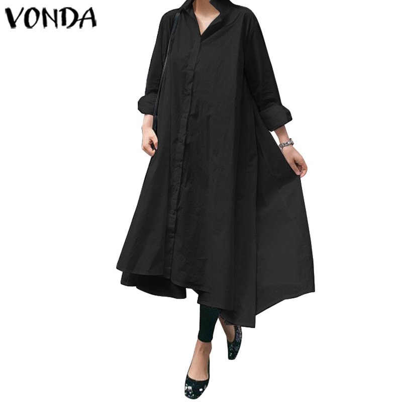 Vonda Women Cotton Plain Lapel Oversized Long Sleeve Long Dress