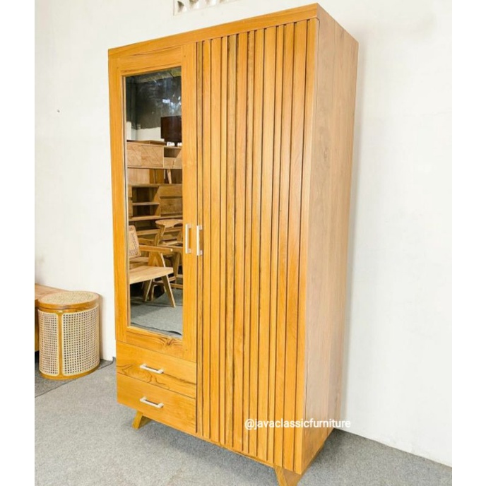 ALMARI PAKAIAN KAYU JATI PINTU 2 LEMARI CUSTOM KACA MINIMALIS KABINET WARDROBE VINTAGE FINISHING NAT