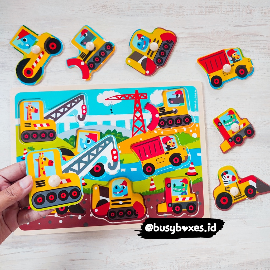 [busyboxes.id] Mainan Edukasi Mencocokan Kendaraan Konstruksi Alat Berat Puzzle Kayu Puzzle Knob Wooden Toys Mainan Kayu