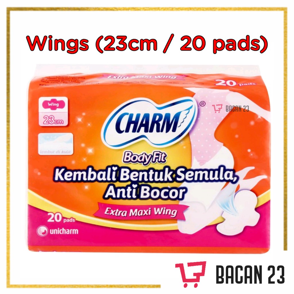 Charm Body Fit Extra Maxi Wings ( 23 cm - 20 Pads ) / Pembalut Sayap - Softex / Bacan 23 - Bacan23