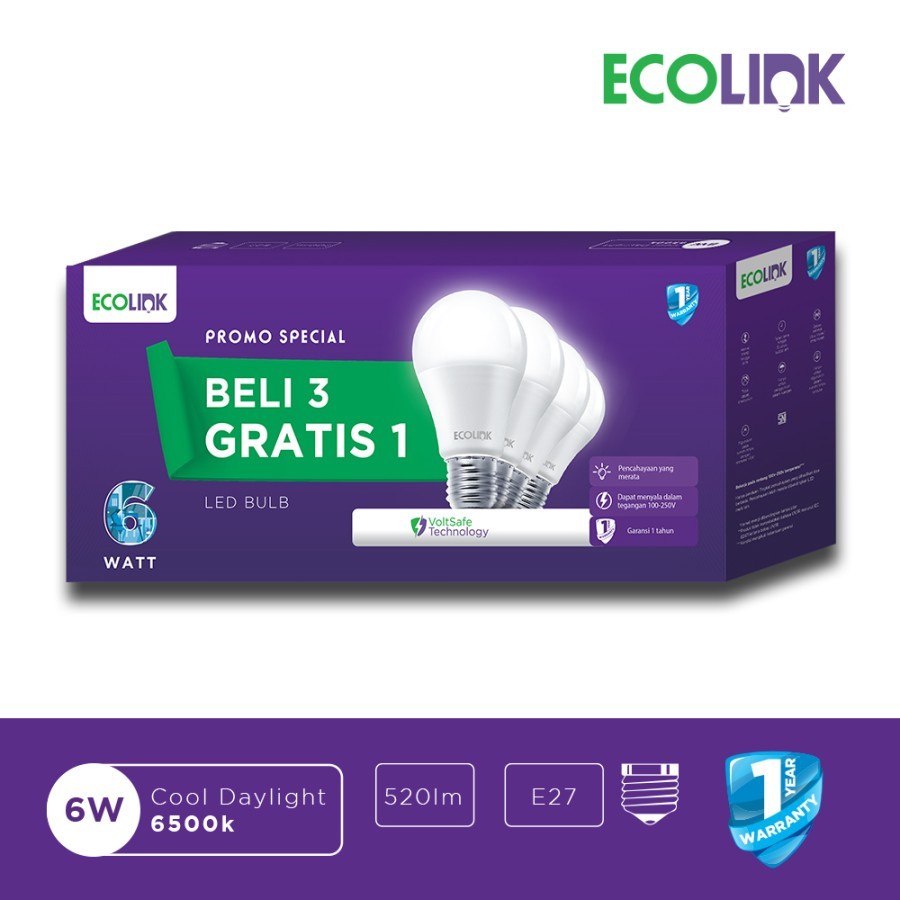 Lampu Bohlam Ecolink 3 Free 1 LED Bulb Multipack 6W Putih - 6Watt 6 Watt