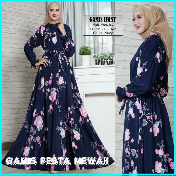 BAJU MUSLIMAH WANITA NAVY IFANY GAMIS PESTA WANITA TERBARU