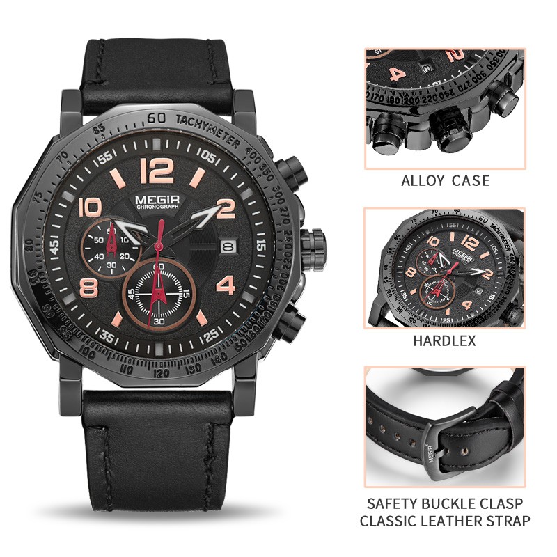 MEGIR 2048 Jam Tangan Pria Analog Chronograph Tali Kulit WATCHKITE WKOS