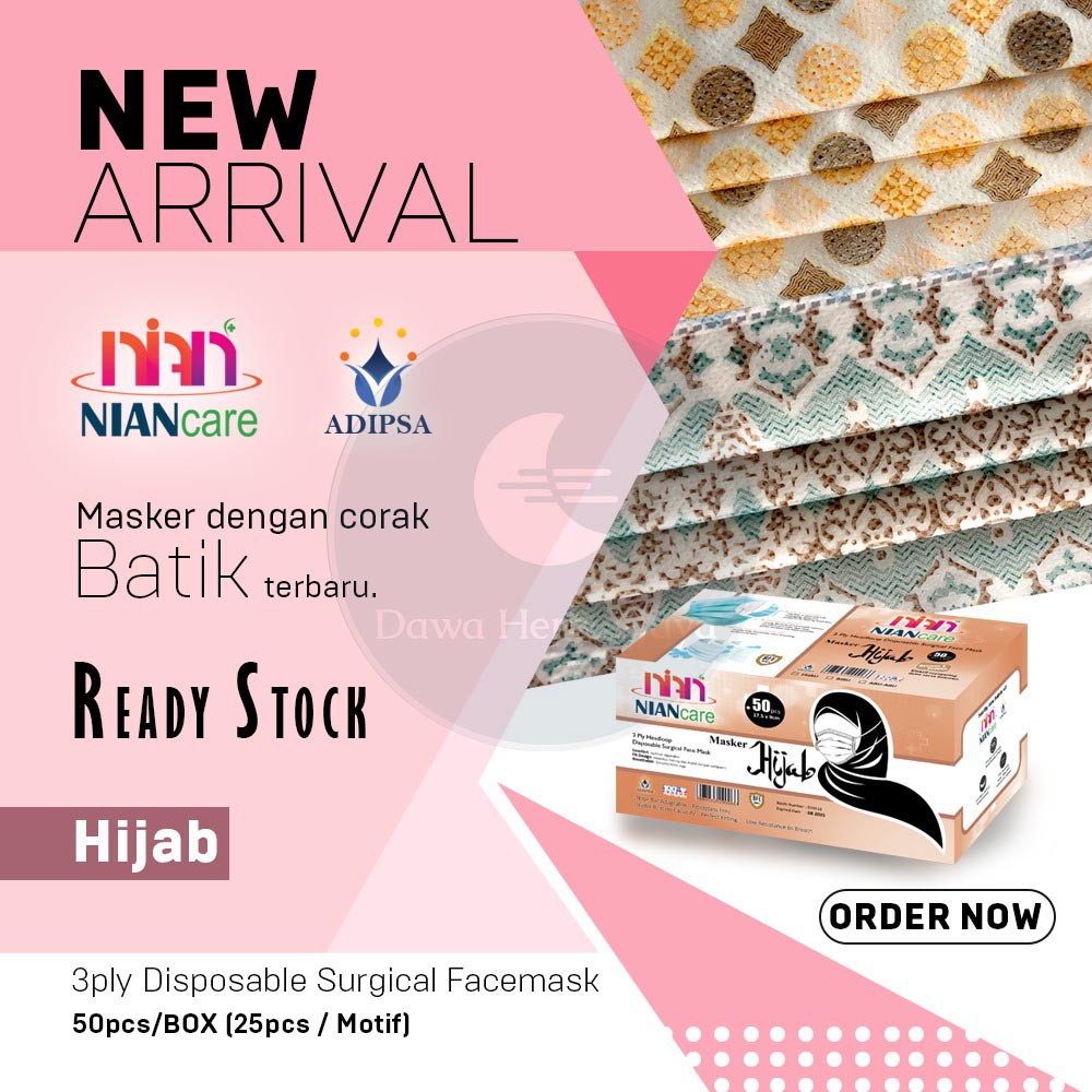 MASKER 3 PLY / MASKER KESEHATAN / MASKER MEDIS HIJAB NIAN CARE ISI 50 MOTIF BATIK