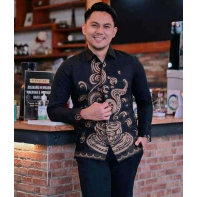 Batik Pria Hitam Bahan Katun Primisima / Batik Kopi Pria Kemeja Batik Pria Motif Kopi Bahan Katun Full Lapis Furing / Baju Batik Pria Hitam Lengan Panjang Lapis Furing