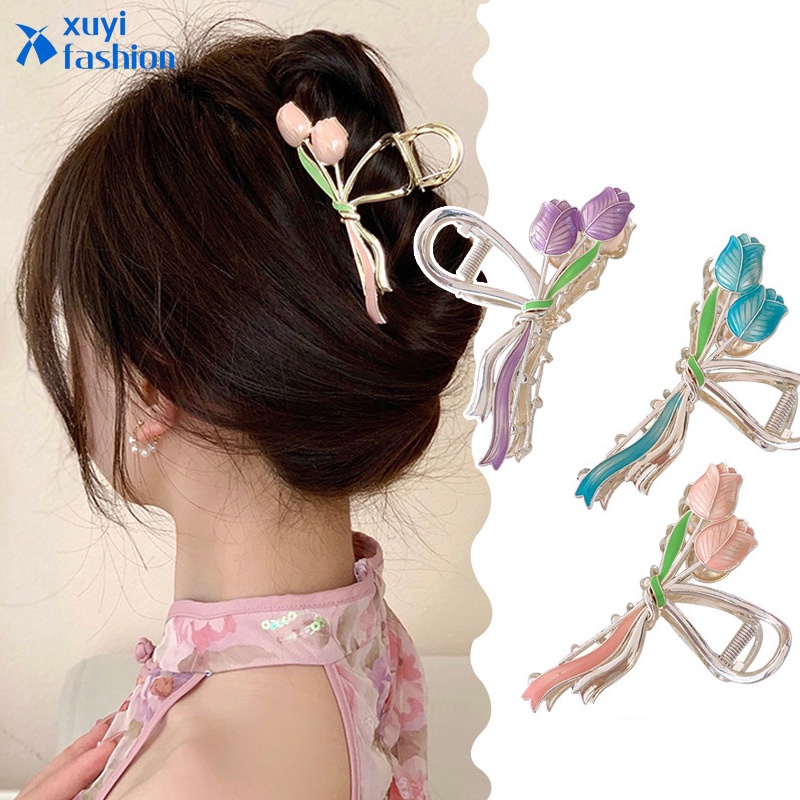 Jepit Rambut Bentuk Bunga Tulip Ganda Bahan Logam Gaya Korea Untuk Wanita