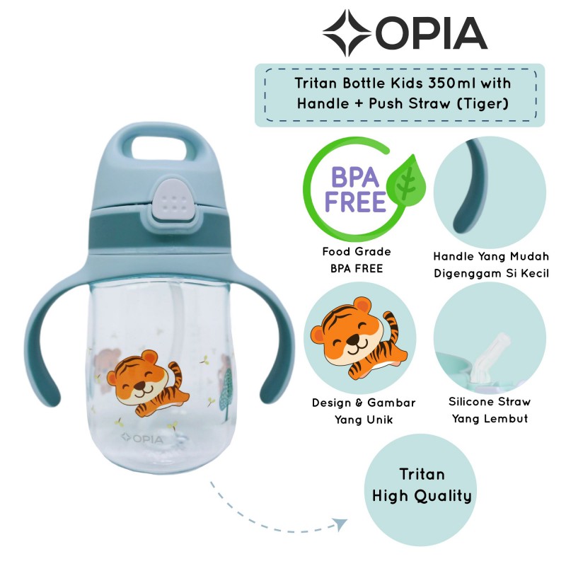 OPIA Tritan Bottle Kids 350ml TIGER - Push Straw Handle Bottle