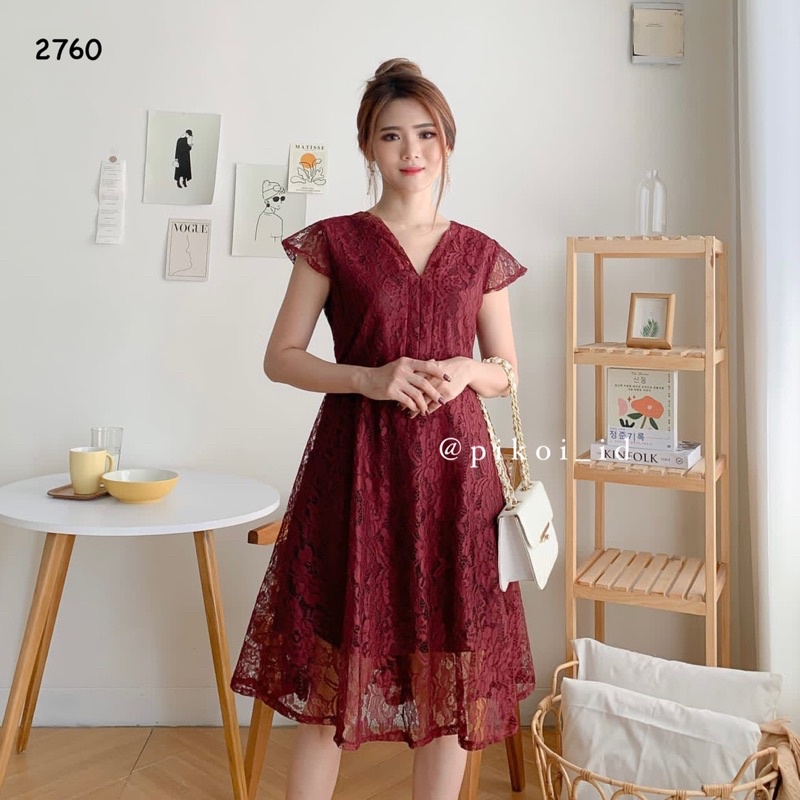 Dress merah maroon brukat imlek wanita / dress pesta cny lace v neck  / dress korean style lucu 2760