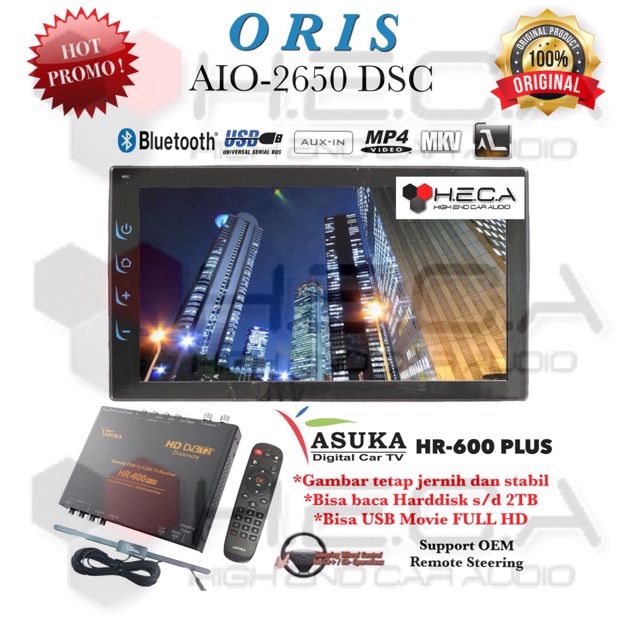 Head Unit ORIS AIO-2650 DSC Mirrorlink Double Din Tape Audio Mobil 2650DSC & TV Asuka HR-600 PLUS