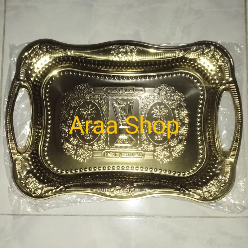 Nampan Baki Wedding Gold Segi Kotak Petak Kuning Arab Nampan Kaleng Gold Emas