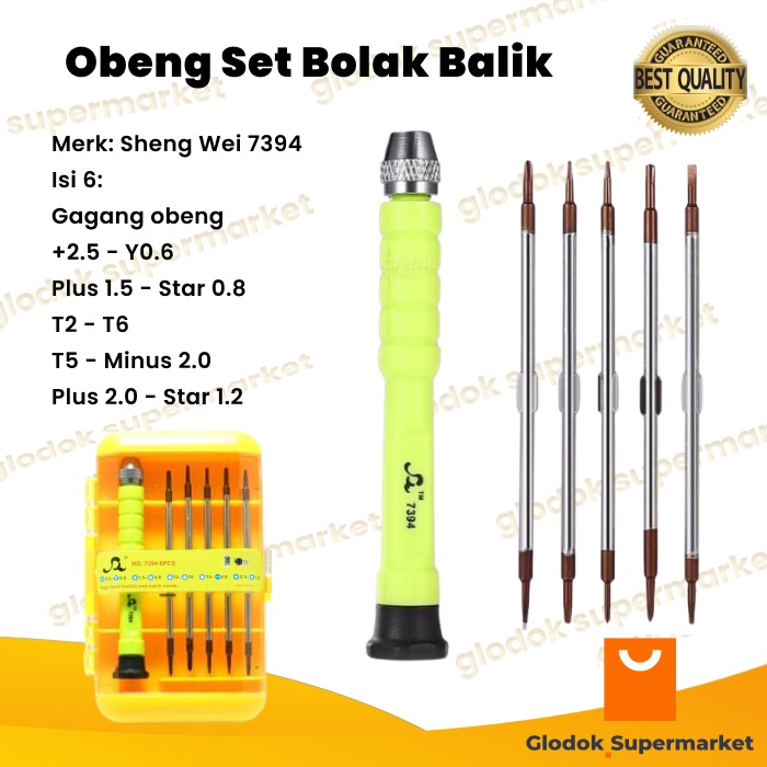 Obeng Set Bolak Balik 6 in 1 7394 6pcs Screwdriver Plus Minus Star Reparasi Tools Jam HP