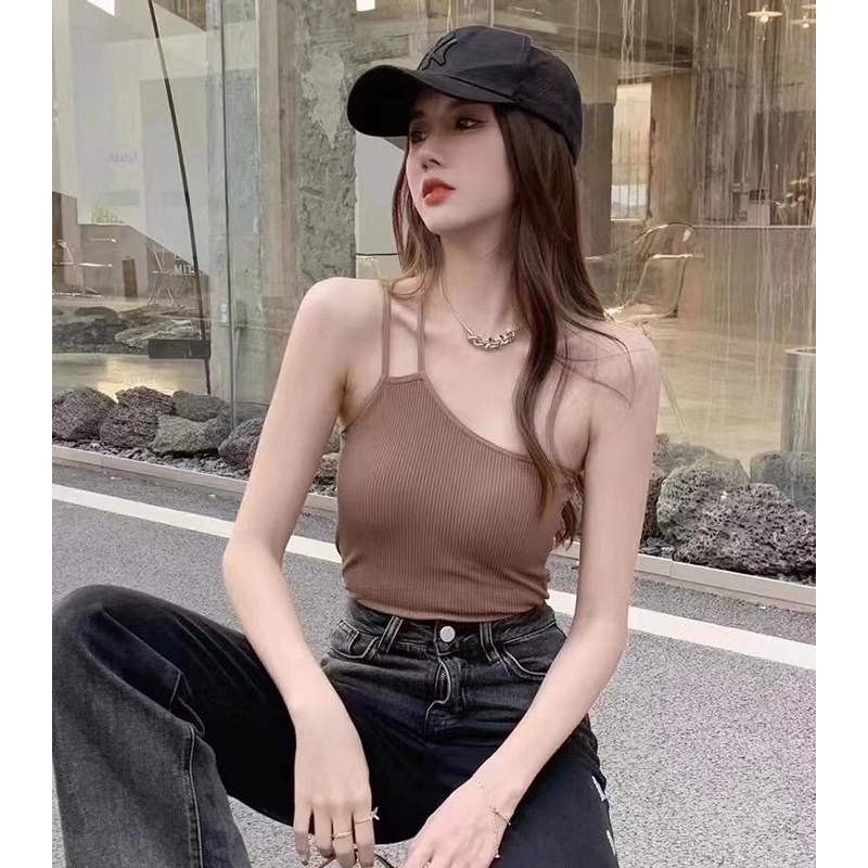 Tanktop Terbaru Asimetris One Shoulder Atasan Wanita Crop Korean Look Double Tali Kecil